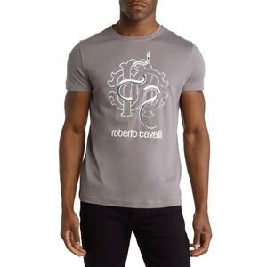 ROBERTO CAVALLI SNAKE GRAPHIC CREW NECK GREY COTTON TEE. SIZE XL